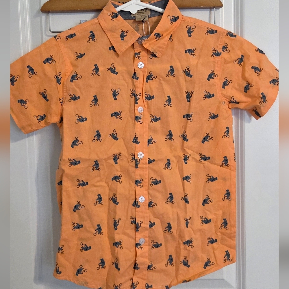 Orange Short Sleeve Shirt with Bear On Bicycle Print W/Gray Shorts Set